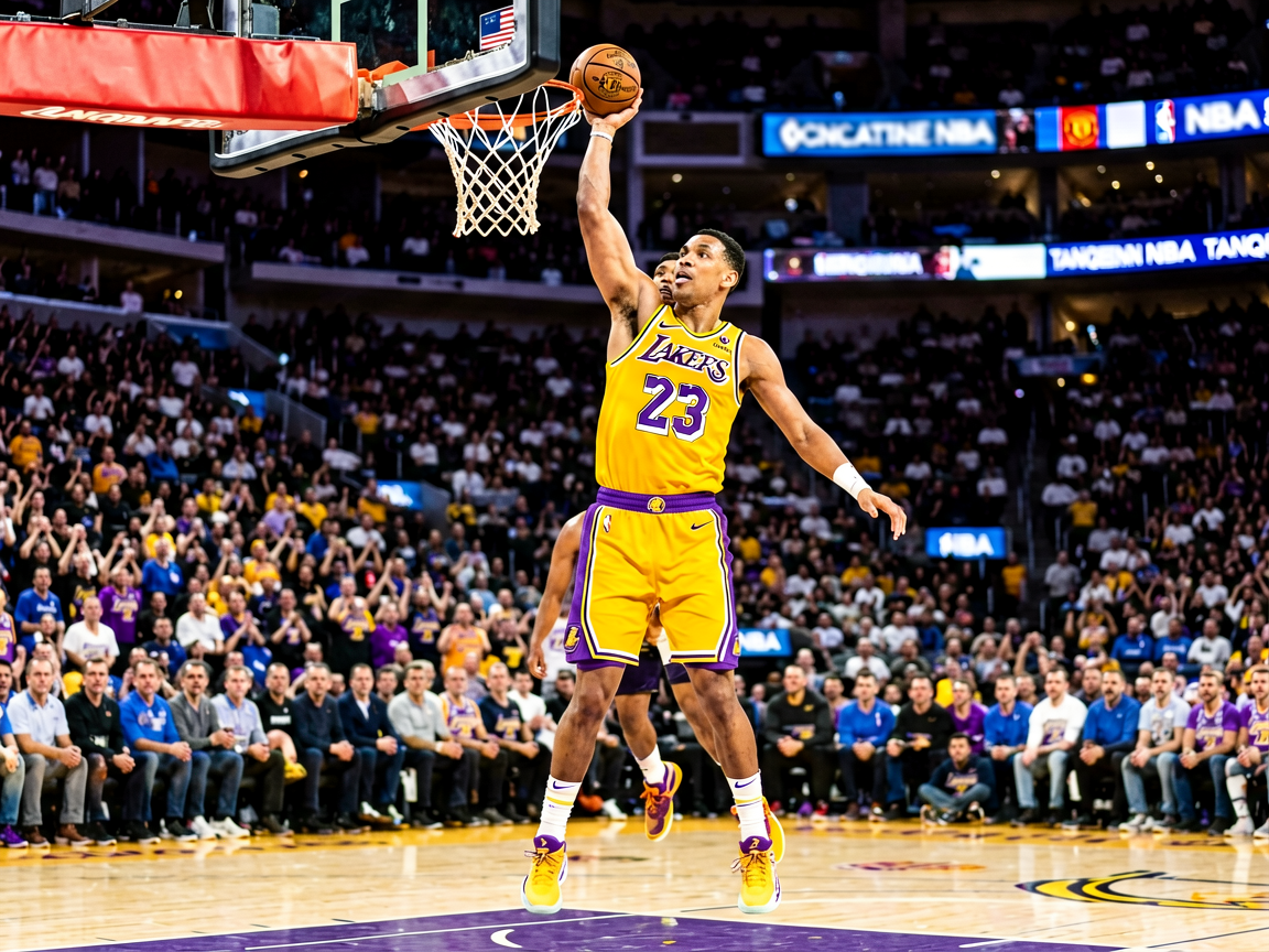 NBA比赛现场，湖人队球员突破上篮